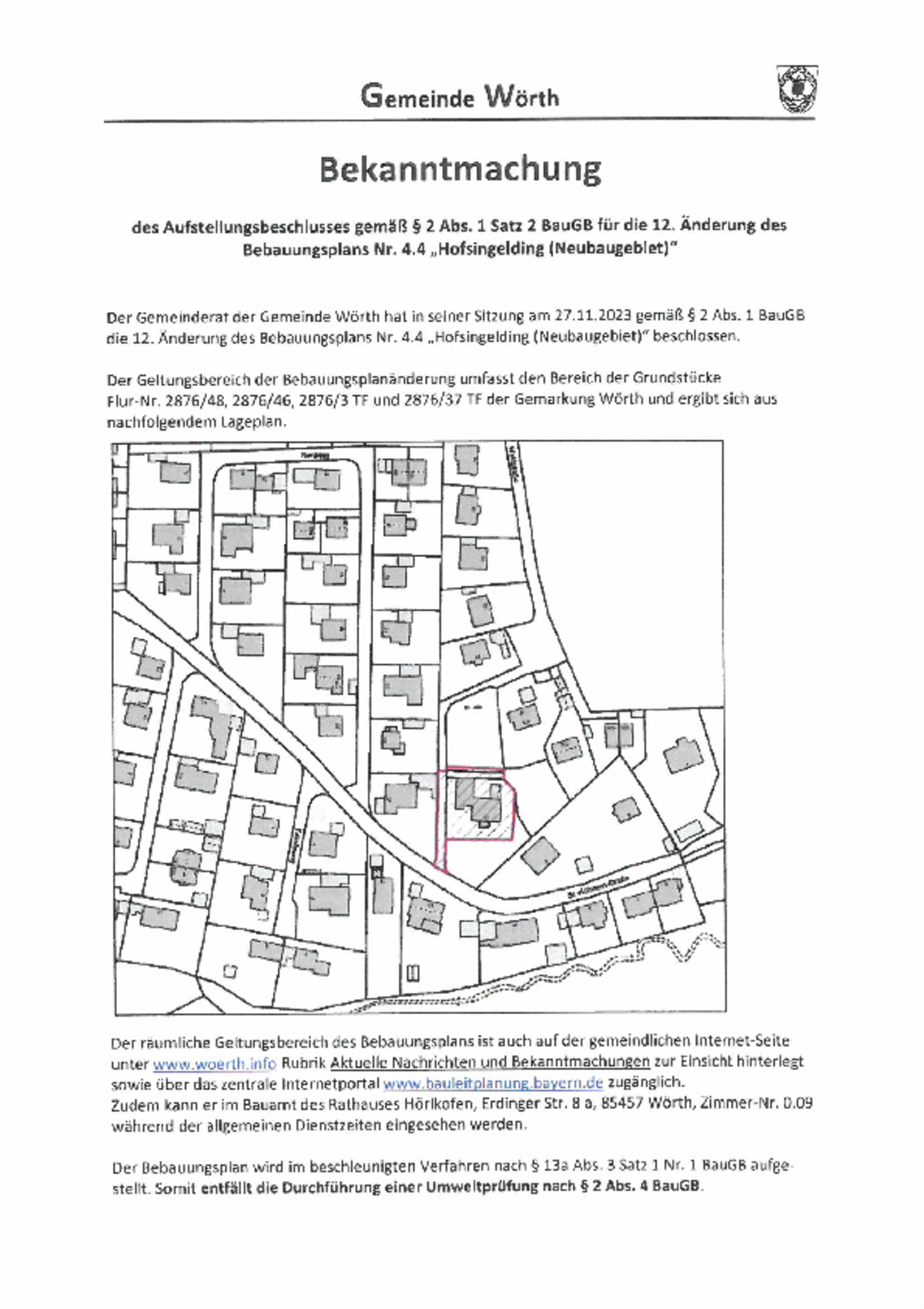 Bekanntmachung des Aufstellungsbeschlusses für die 12. Änderung des Bebauungsplans Nr. 4.4 Hofsingelding (Neubaugebiet) 